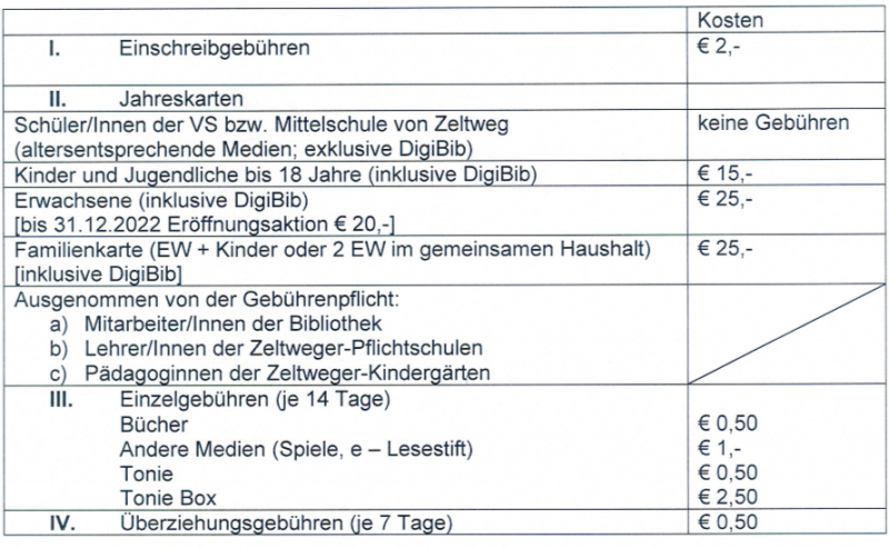 Gebührenordnung Bibliothek Zeltweg